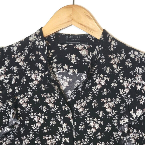 AllSaints Silk Floral Ruffle Long Sleeve Button Down Blouse Black Sz2 Chic Femme - Picture 5 of 16